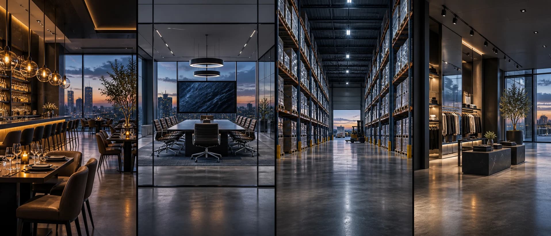 Architectural concept showing a restaurant, corporate office, warehouse, and retail space